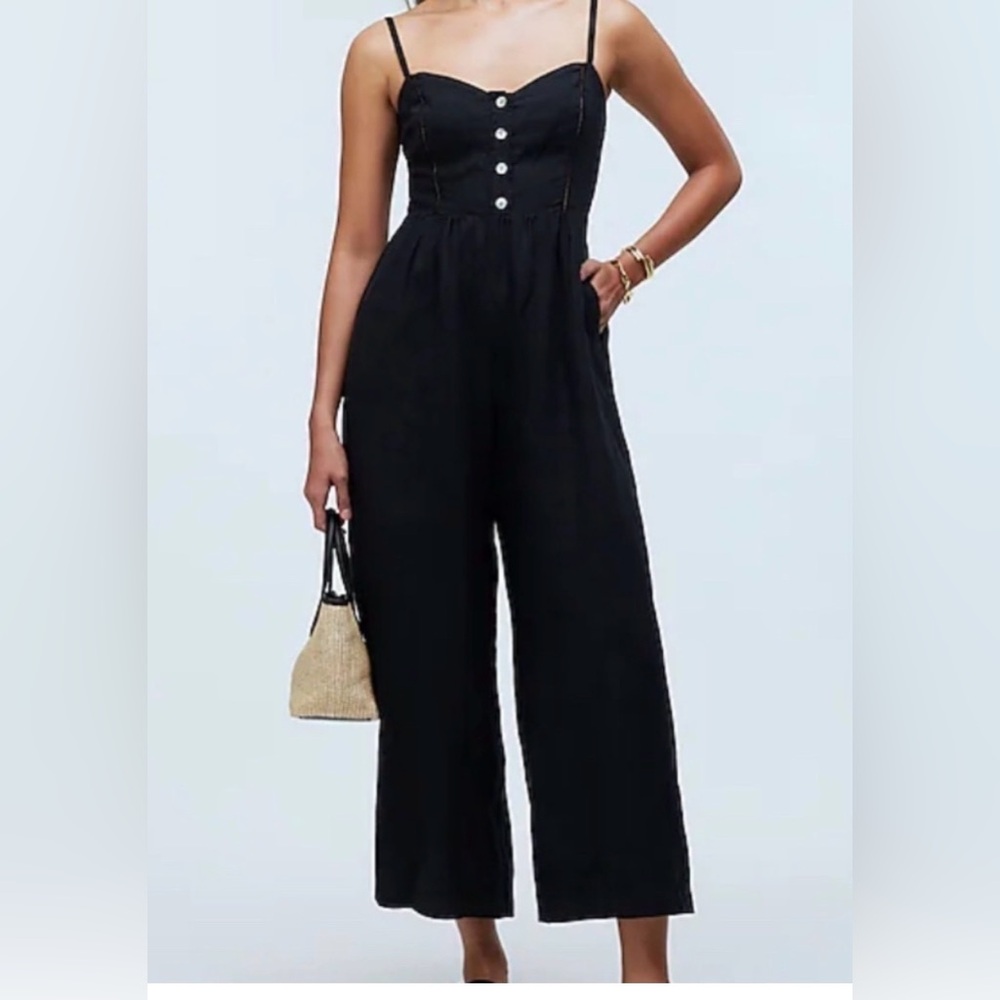 Madewell Linen Black Button-Front Wide-Leg Strap Jumpsuit